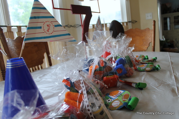 Sports-themed birthday party treat bags.