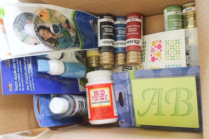Box of paint and decoupage from Plaid Crafts