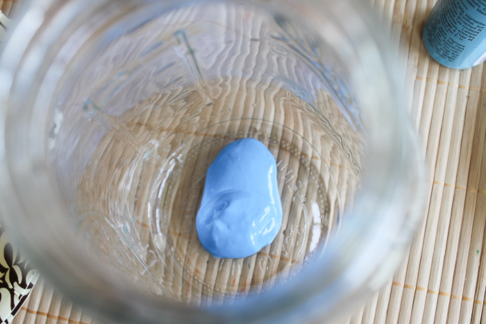 For the blue ombre mason jar, start with a glob of the darkest blue paint at the bottom of the jar