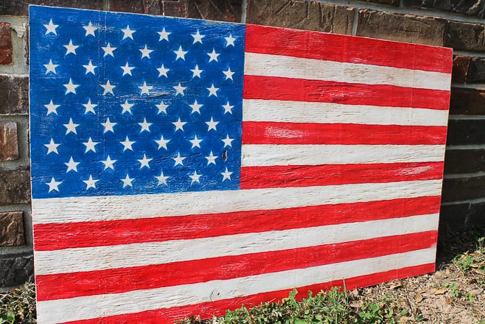 A completed wooden American flag made from scrap plywood.