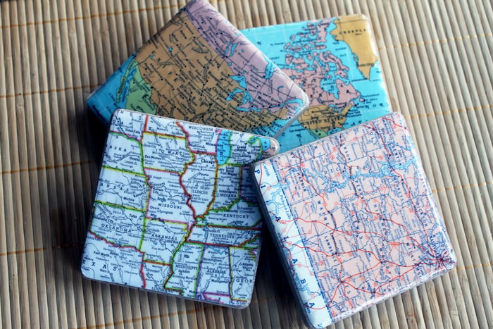 Four completed map coasters