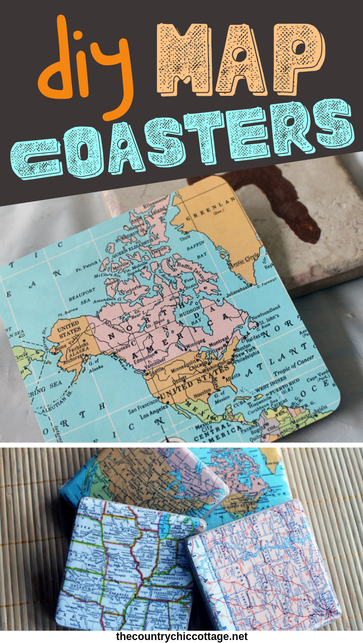 Pinnable image with "DIY Map Coasters" as text overlay