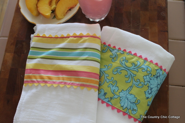 set of diy fabric embellished flour sack towels