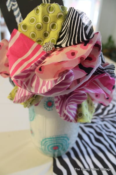 Close up of fabric flower party centerpiece