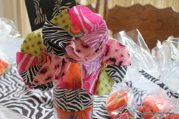 Fabric flower centerpieces for a party 