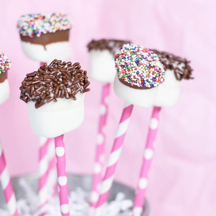 These chocolate covered marshmallows are dipped in milk or white chocolate and coated in chocolate and rainbow sprinkles