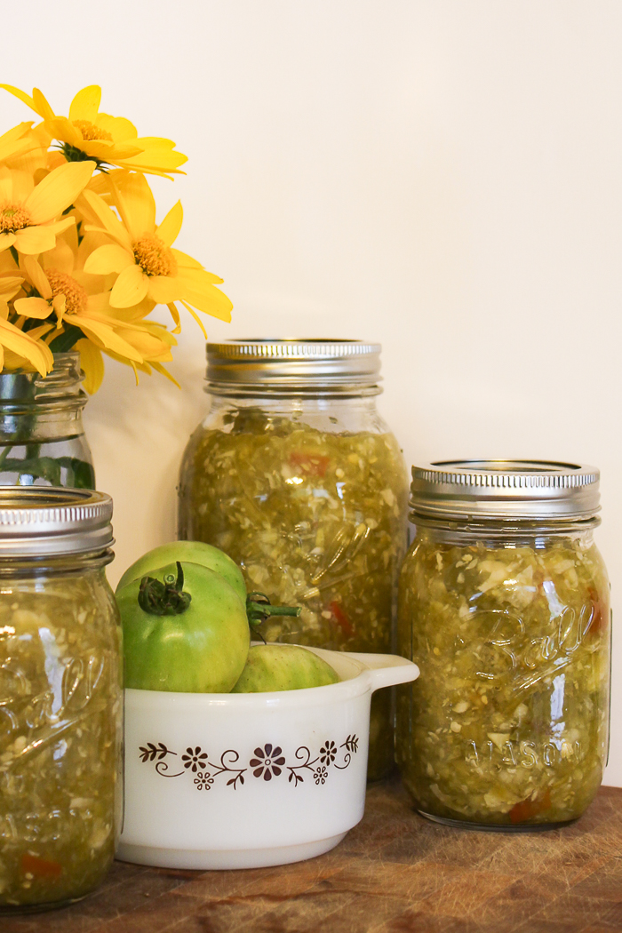 jars of a relish made from green tomatoes