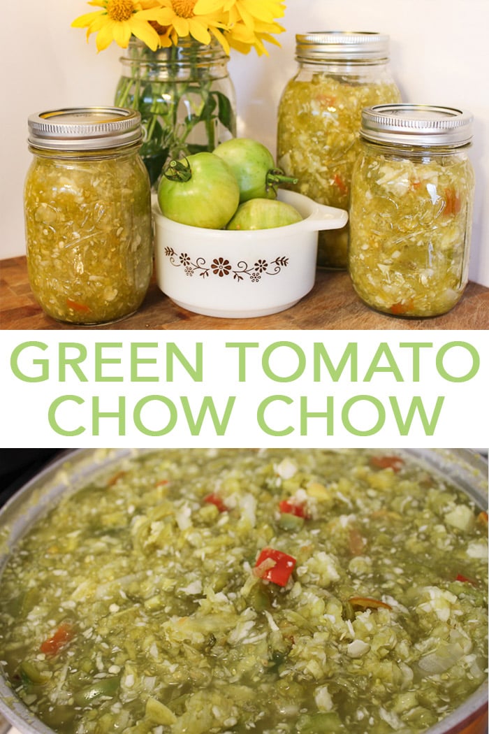 Get this recipe for green tomato chow chow to use up all of those things you have left in your garden after the season is over! #canning #can #jars #masonjars #greentomatoes #recipe
