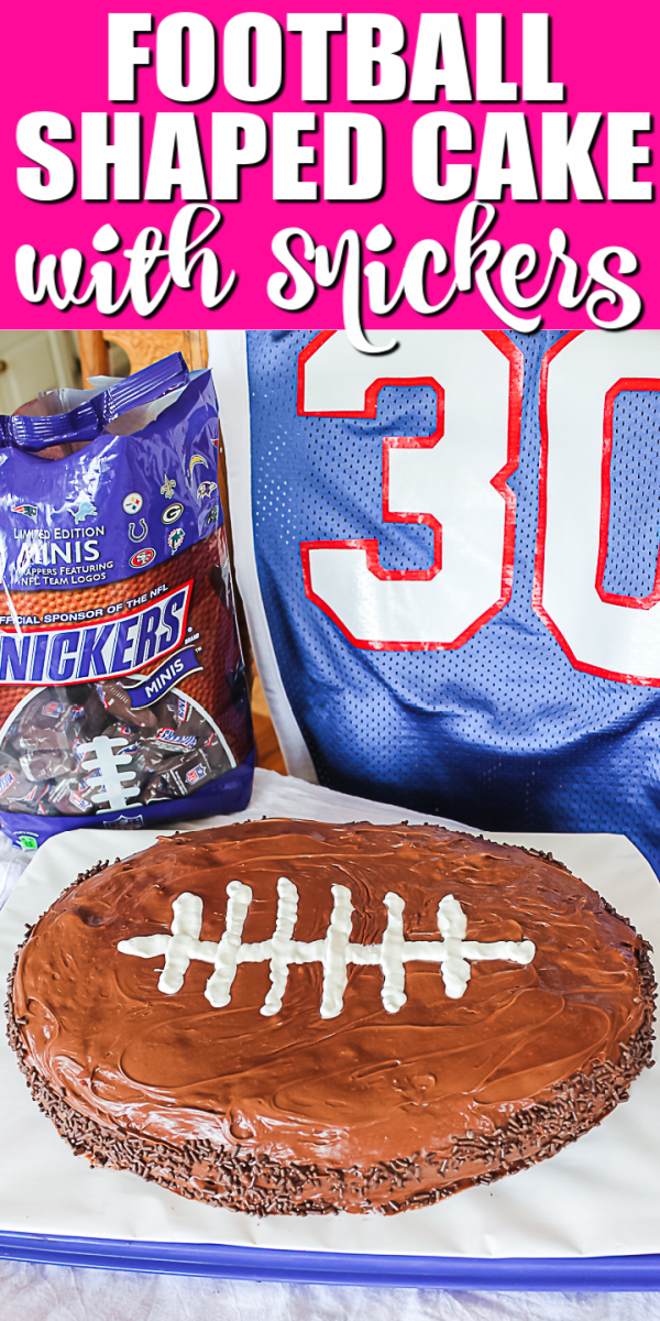 Learn how to make a football shaped cake! Includes a great Snickers cake recipe that will really make this football cake something extra special! #football #cake #recipe #dessert #footballparty