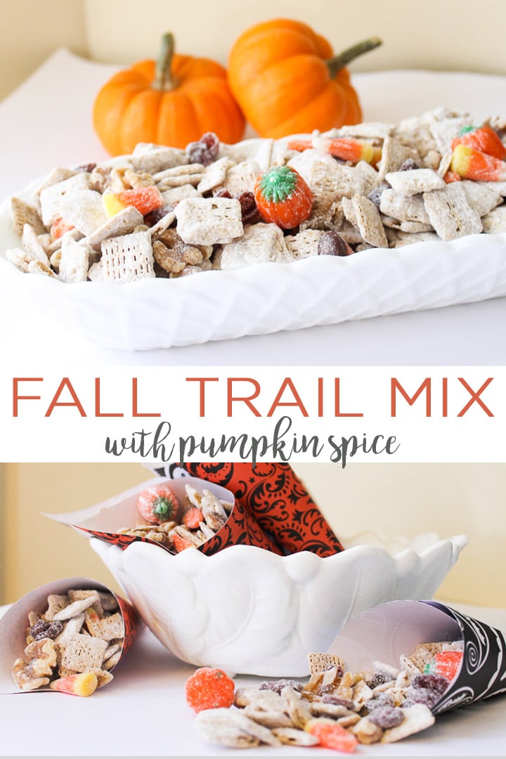 Give this fall trail mix a try! The addition of pumpkin spice to this Halloween trail mix recipe really sets it apart! #halloween #fall #pumpkinspice 