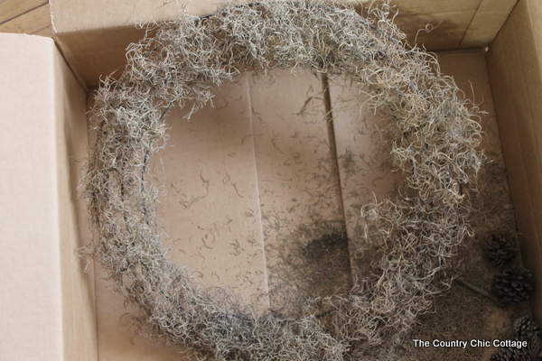 faux antler wreath from the pottery barn wire wreath form covered with spanish moss