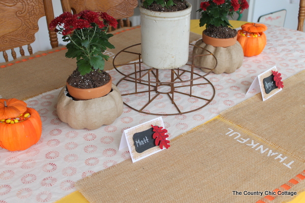Thanksgiving table setting with burlap placecards