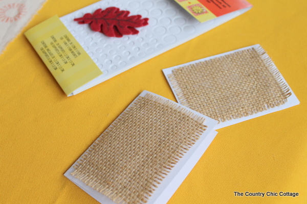 gluing burlap strips to Thanksgiving placecards