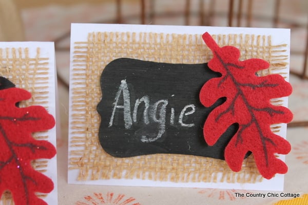 closeup of burlap Thanksgiving placecard