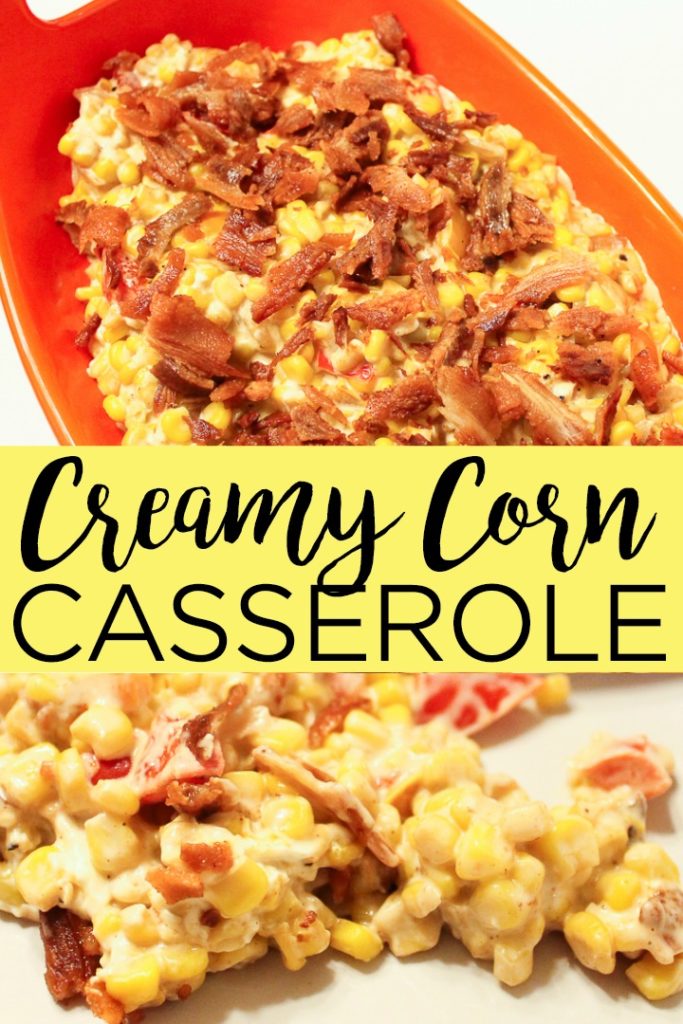 This creamy corn casserole recipe is perfect for Thanksgiving or any family gathering! With cream cheese, bacon, peppers, and more, it is one delectable recipe! #corn #thanksgiving #casserole #vegetables