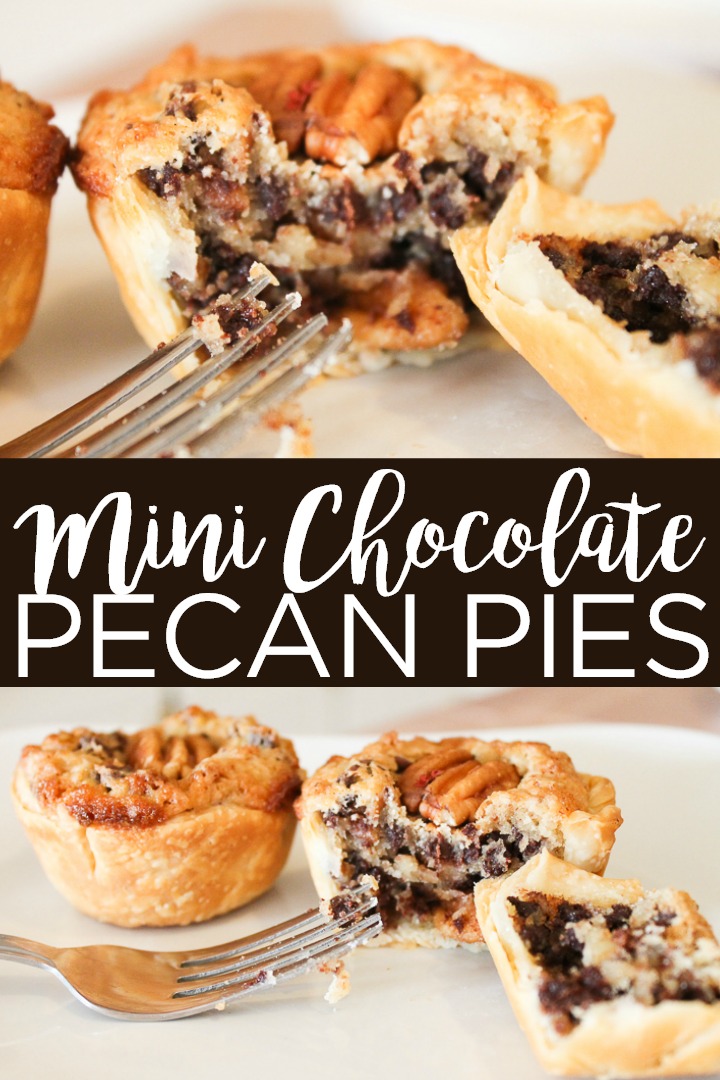 Make this mini chocolate pecan pie recipe for any holiday celebration! These mini pies are perfect for Thanksgiving and more! #chocolate #pie #thankgiving #pecans #pecanpie #dessert #dessertrecipes #recipe #sweettooth #pierecipe