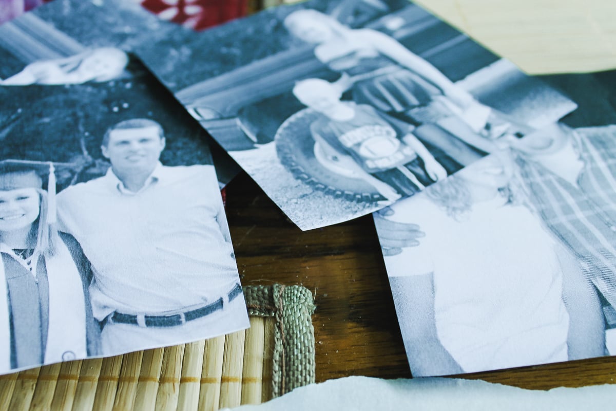 black and white photos on a table