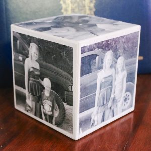handmade photo cube on a desk