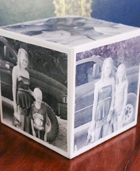 handmade photo cube on a desk