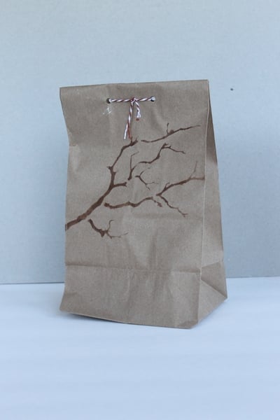 Branch stencil design on brown bag with red and white bakers twine 