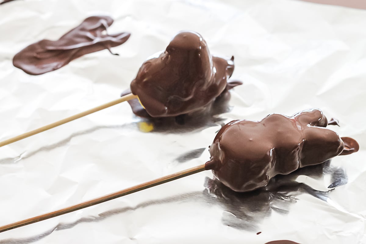 chocolate covered peeps on aluminum foil