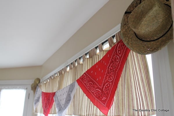 Garland made with bandannas and twine for a cowboy birthday party
