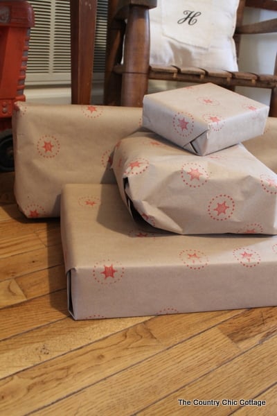 Cowboy themed wrapping paper is easy to make with simple brown paper and a sheriff star stamp