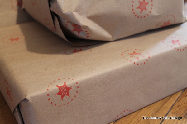 Cowboy wrapping paper made with a simple sheriff stamp