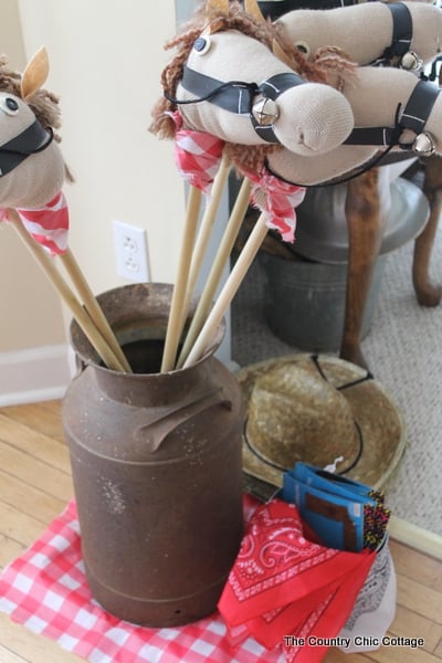 Adorable DIY sock horses as party favors for a cowboy theme birthday party