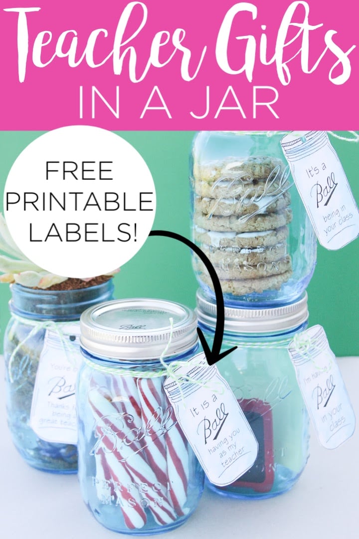 These mason jar gift ideas for teachers are perfect for Teacher Appreciation Week! Print the free mason jar tags and use a few of these ideas for inexpensive gifts in a jar. #giftideas #masonjar #teachers #teacherappreciation #gifts #printable #freeprintable #printablegifttags