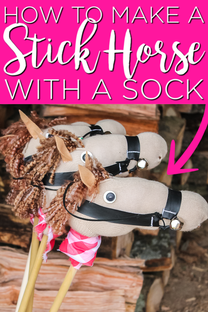 Image of diy stick horse with text overlay saying "how to make a stick horse with a sock"