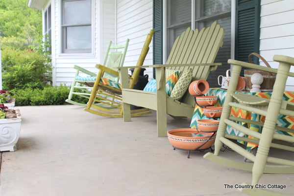 A colorful front porch transformation with a great solar powered fountain -- a must see!