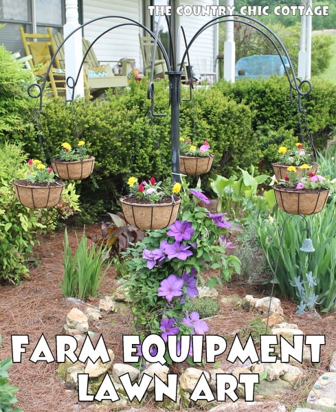Turn old farm equipment into a way to hang your flowering baskets this summer! A great project for any yard. Plus enter to win a $25 gift card! Turn old farm equipment into a way to hang your flowering baskets this summer! A great project for any yard. Plus enter to win a $25 gift card!