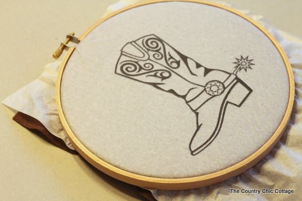 image printed on tissue paper placed in embroidery hoop for stitching