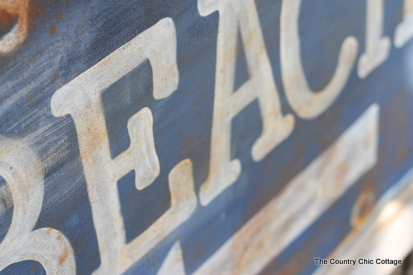 Ballard Designs Knock Off Beach Sign -- a great technique for getting a rusty appearance on a painted sign easily. You probably already have the secret ingredient in your kitchen! Ballard Designs Knock Off Beach Sign - side angle