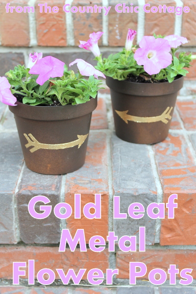 Add a gold leaf touch to metal flower pots with this easy to follow tutorial. Gold leaf is easy to use and makes a bold statement. Gold leaf metal flower pots header image.