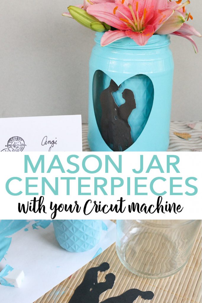 Make these DIY mason jar centerpieces with your Cricut machine in minutes! Perfect for weddings and bridal shower centerpieces! #cricut #cricutmade #weddings #showers