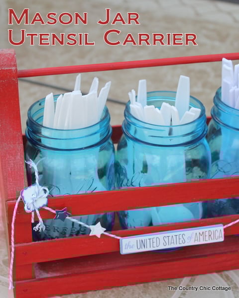 Make this mason jar utensil carrier in just 10 minutes or less with a great video tutorial! Perfect for the 4th of July or any summer occasion! Make this mason jar utensil carrier in just 10 minutes or less with a great video tutorial! Perfect for the 4th of July or any summer occasion!