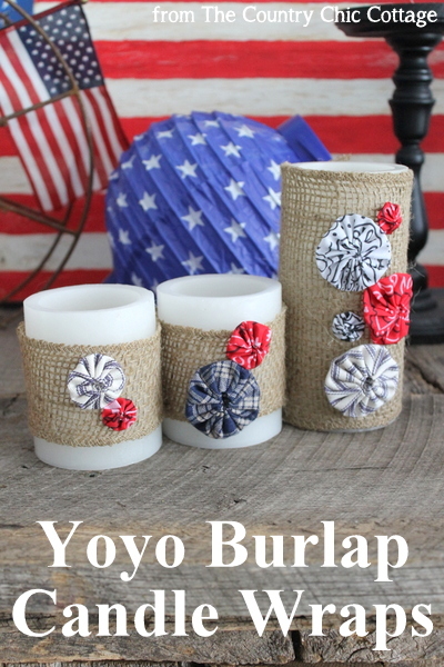 Burlap Yoyo Candle Wraps -- perfect for 4th of July, summer, or change up the colors for any season. Click to get a full tutorial on how to make these great home decor accessories. Burlap Yoyo Candle Wraps pinnable image