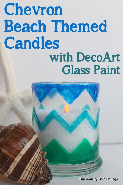 Chevron Beach Themed Candle Holders -- use glass paints to create these great candle holders in minutes. Bring a bit of the beach indoors this summer and add a nautical flair to your decor. Plus there is also a $200 giveaway to enter in this post! Chevron Beach Themed Candle Holders with glass paint.