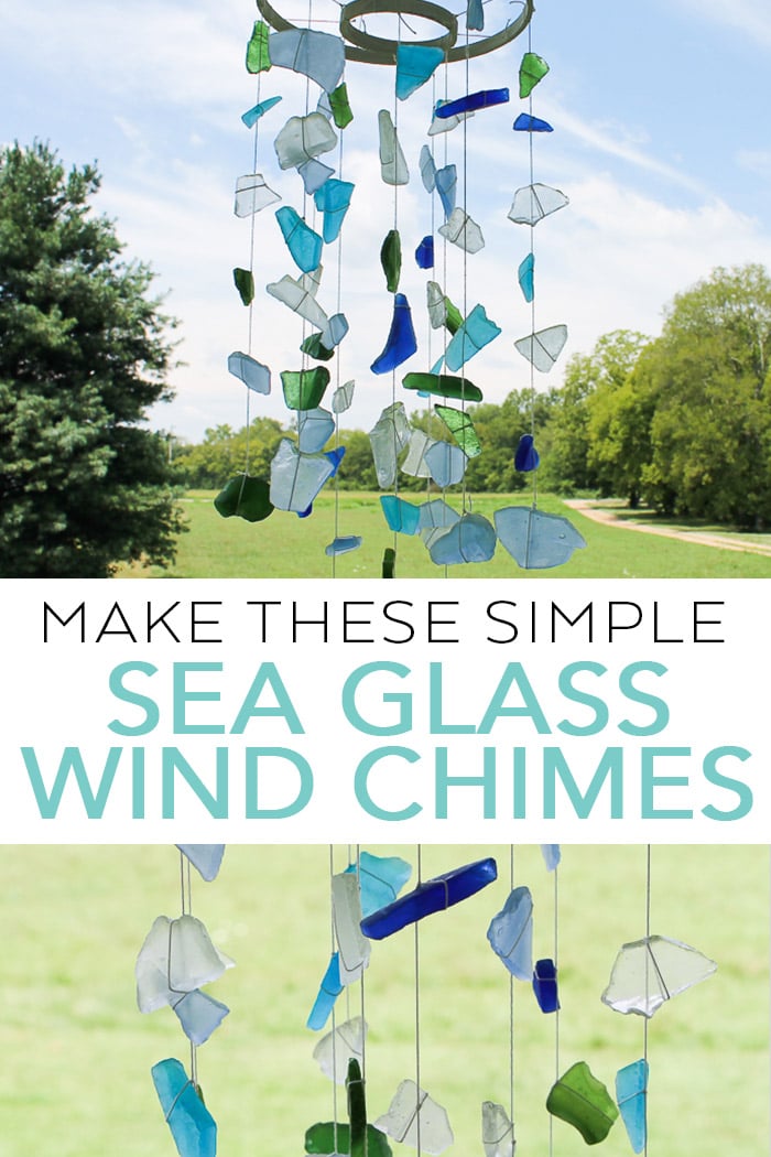 Pinnable image with sea glass wind chimes with text overlay saying "Make these simple sea glass wind chimes "