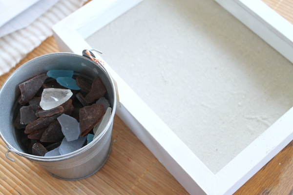 supplies needed for sea glass art with a shadow box