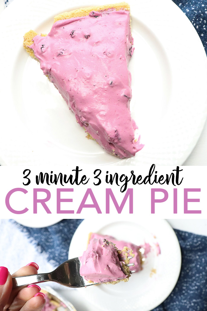 Make this easy cream pie recipe any night of the week! With one 3 ingredients, you can make this one in 3 minutes or less! #pie #recipe #dessert #blueberry