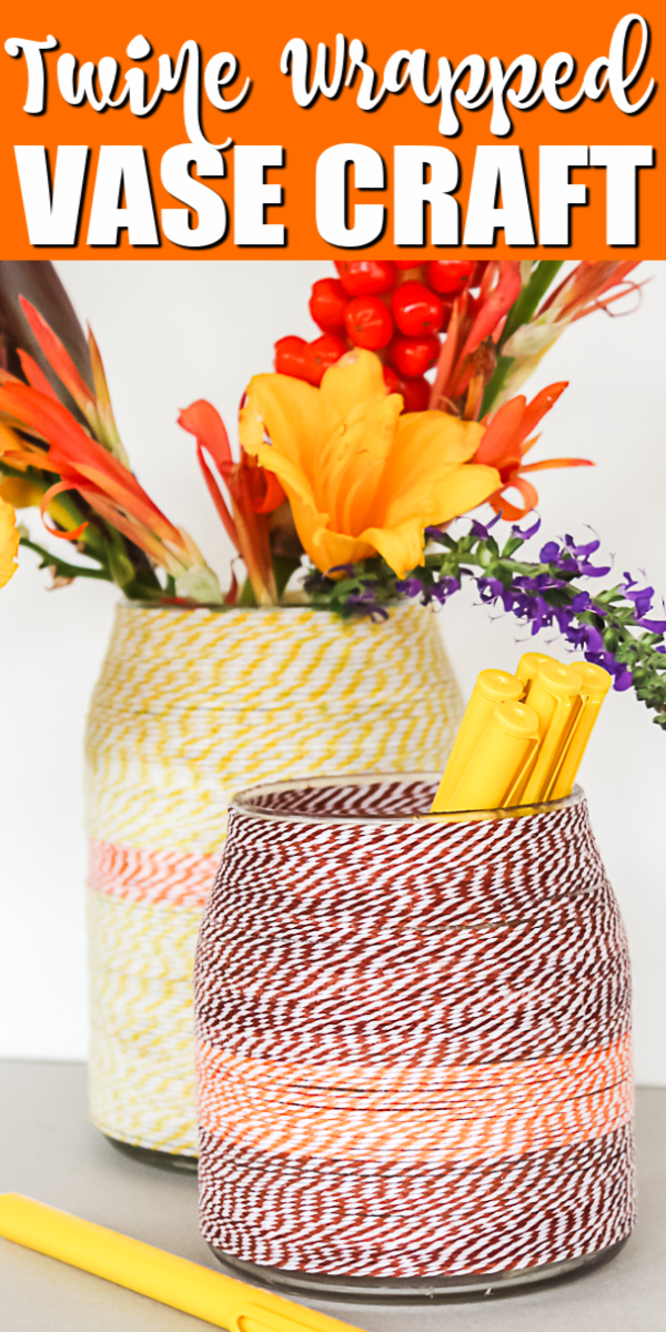 Make a twine wrapped vase in minutes with this easy craft technique! You will love these vases for fall or any time of the year! #fall #vase #crafts #twine #bakerstwine