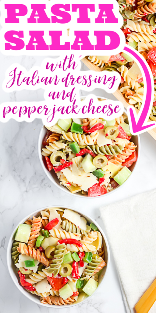 Make this pasta salad with Italian dressing and pepper jack cheese! A delicious and easy recipe that everyone will love! #pastasalad #recipe #salad #pasta