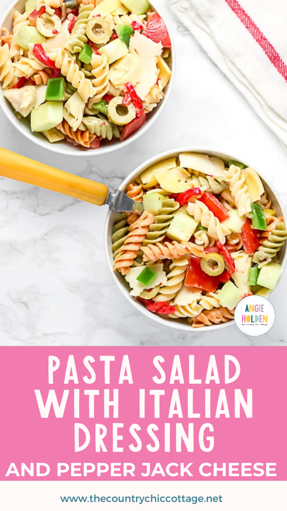 pasta salad with Italian dressing and pepper jack cheese