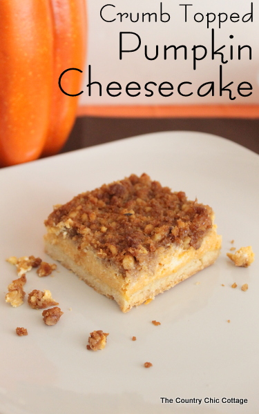 Crumb Topped Pumpkin Cheesecake -- make this wonderful fall dessert for your family this week. A wonderful pumpkin flavored cheesecake with a crunchy topping that includes walnuts and cinnamon. A perfect addition to your Thanksgiving feast! Let this one replace the standard pumpkin pie.