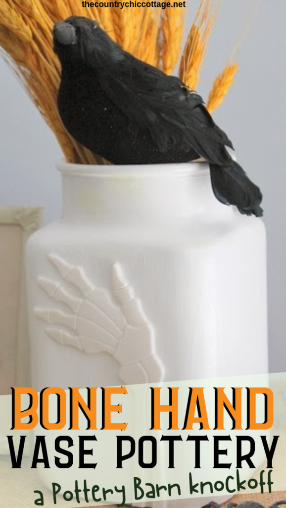 Make this DIY Halloween vase for less than $5 with a few simple supplies! This quick and easy bone hand vase is the perfect addition to your Halloween decor! #halloween #vase #homedecor #scary