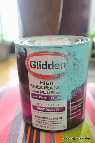 A DIY covered and painted chair using Glidden paints. Come learn more about resources for painting. close up of paint can
