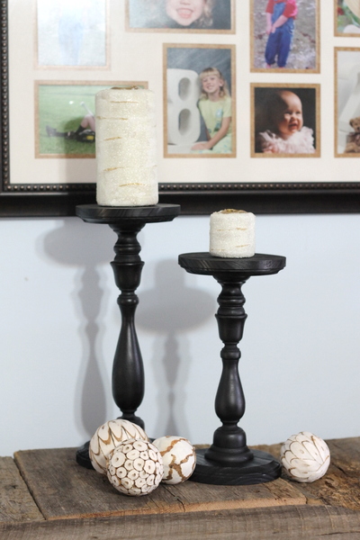 Pottery Barn Knock Off Candle Holders and Candles -- a super simple way to make your own extra tall candle holders from cheap craft store wooden items.